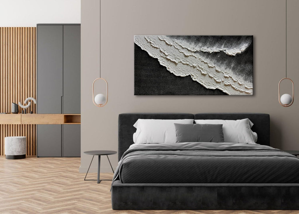 zoinart Hand Painted Large Textured Wall Art, 60x30 Inches Abstract Modern Ocean Wave Paintings, Black and White Beach Wall Art for Living Room Bedroom Wall Decor