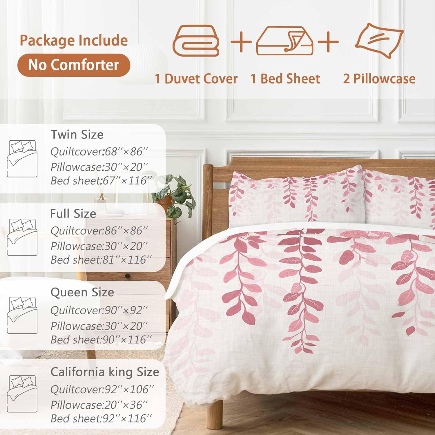 Prime Leader Plants Gradient Duvet Cover Set Queen Size 4 Pieces Pink Leaves Farmhouse Style Bedding Set with Zipper Closure, 1 Comforter Cover 92x106 Inches 1 Flat Sheet & 2 Pillow Cases