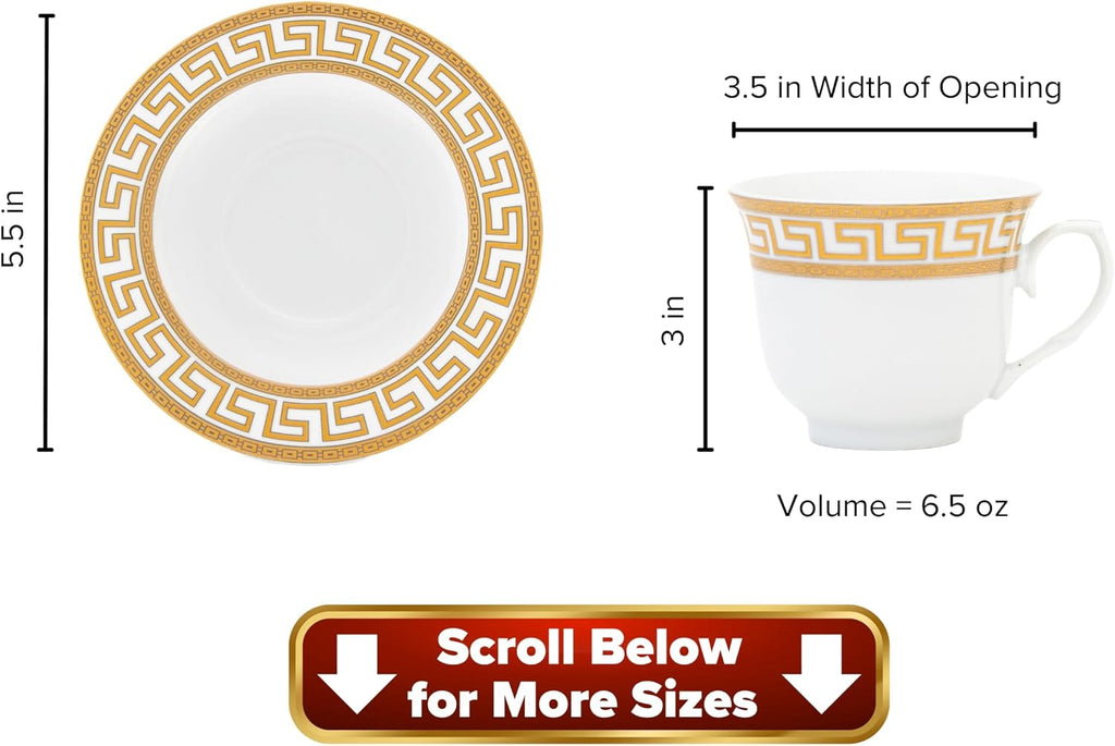 Vintage Dinnerware Set for 8-57 Piece Porcelain Dining Set - Gorgeous White and Gold Greek Key Design - Plates, Bowls, Cups and Saucers - For Everyday Use and Special Events (Meander Gold 2057)