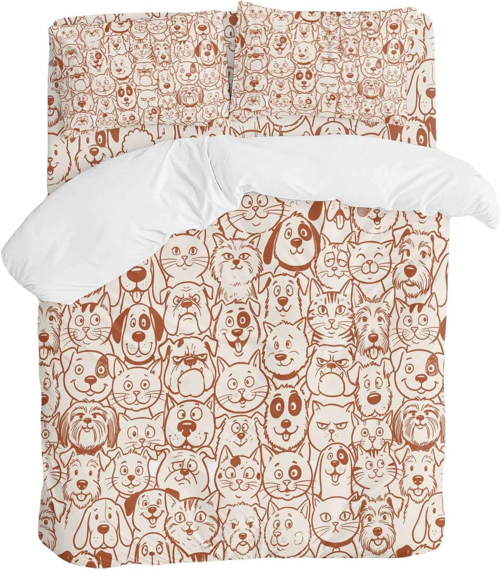 Cartoon Cat Duvet Cover Set Queen Size 4 Pieces Cute Dog Vintage Brown Line Animal Abstract Puppy Bedding Set with Zipper Closure, 1 Comforter Cover 90x92 Inches 1 Flat Sheet & 2 Pillow Cases