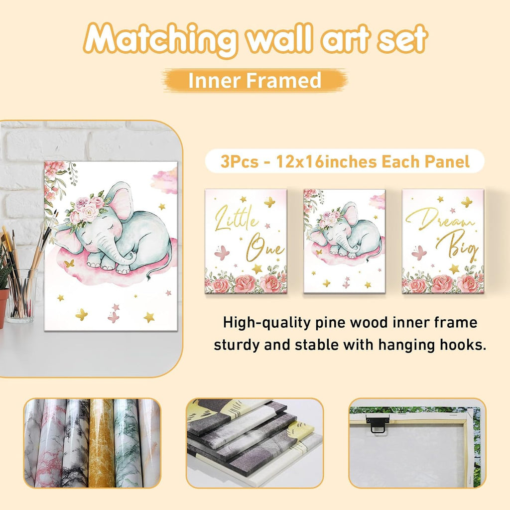Terwex Custom Baby Crib Bedding Set, 5 Pcs Personalized Name Baby Crib Sets for Infant Toddler, Floral Elephant Nursery Bedding Set for Baby Girls, Double Layer Baby Bedding Sets Customized Gifts