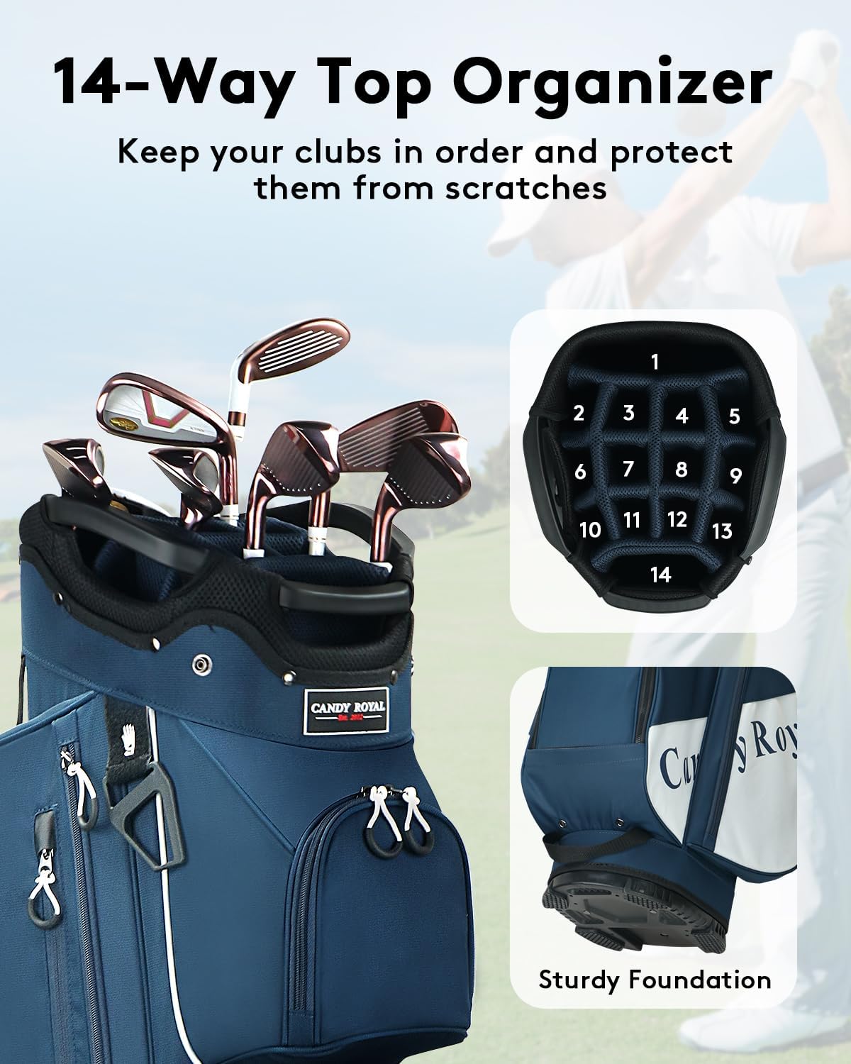 Golf Cart Bag:14 Way Full Length Divider Top Lightweight with Cooler Handles Rain Cover and Golf Shoe Bag Green