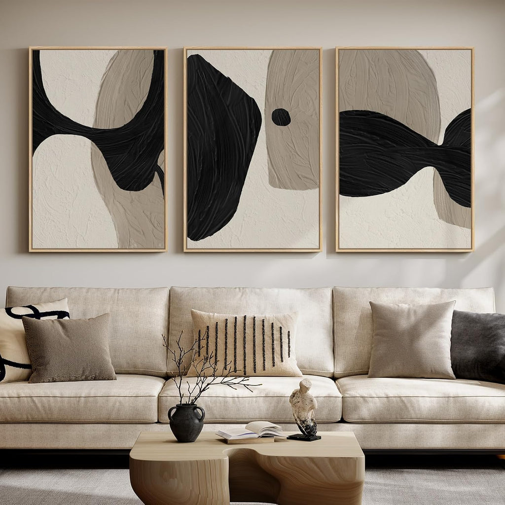 Large Framed Neutral Abstract Wall Art for Living Room, 3 Piece Black and Beige Canvas Artwork for Walls, Abstract Modern Minimalist Painting Prints Wall Decor for Hallway Dining Room Office, 24x36 In