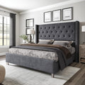 Jocisland Queen Bed Frame Upholstered Bed Wingback Headboard Velvet Tufted Diamond Button/No Box Spring Needed/Easy Assembly/Gray