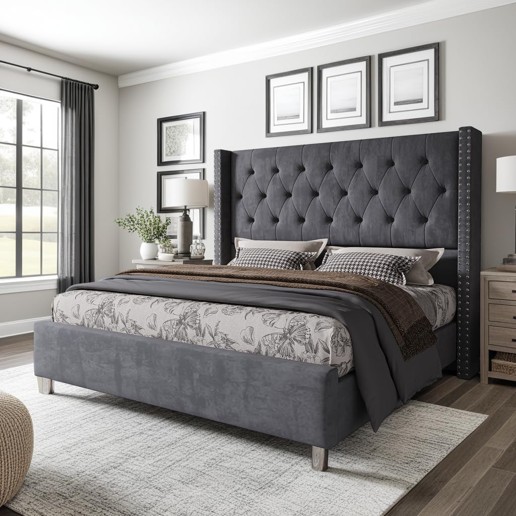 Jocisland Queen Bed Frame Upholstered Bed Wingback Headboard Velvet Tufted Diamond Button/No Box Spring Needed/Easy Assembly/Gray