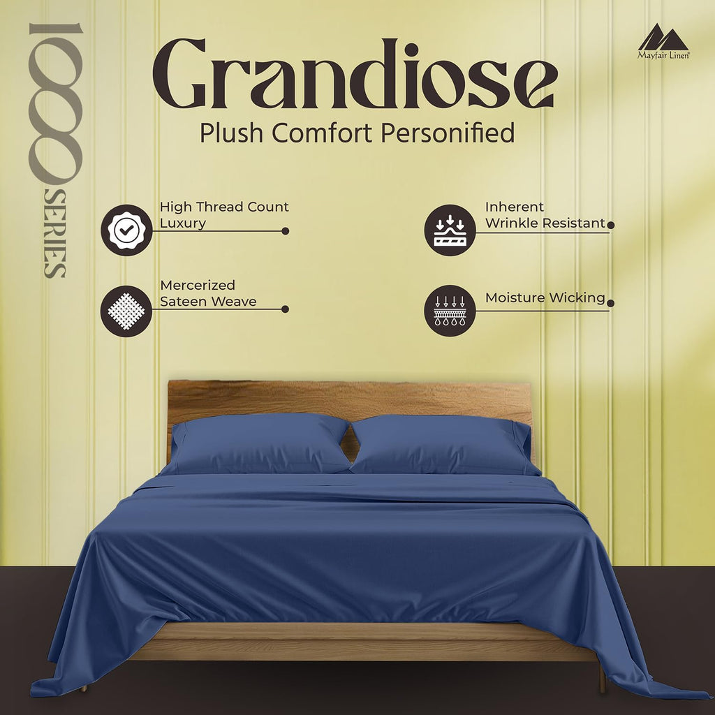 Mayfair Linen 100% Pure Egyptian Cotton Sheet King Size - Luxury 1000 Series Grandiose Collection King Size Sheets Set (4 PC, Deep Blue), 16' Deep Pocket Sateen Weave Soft Cooling Hotel Bed Sheets Set