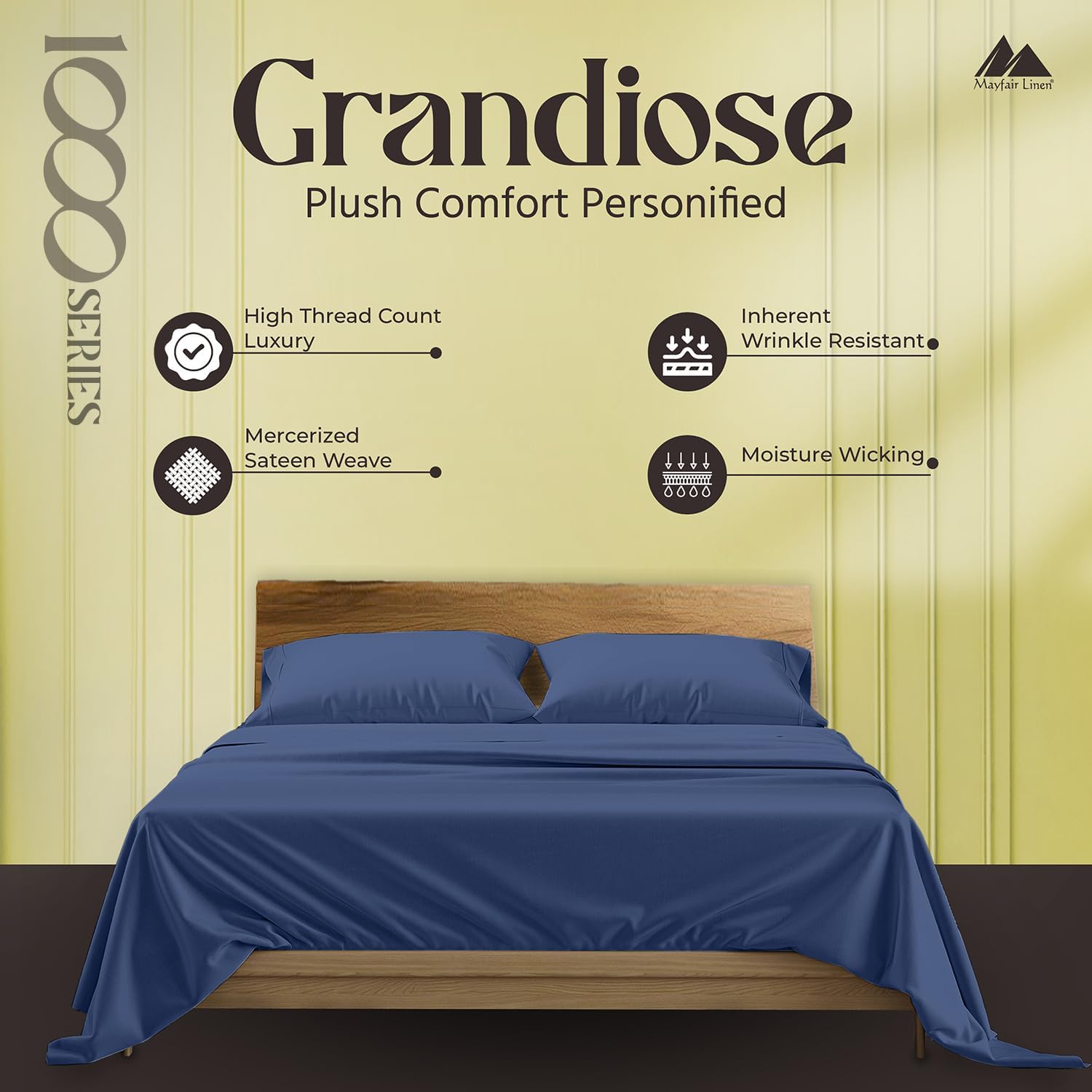 Mayfair Linen 100% Pure Egyptian Cotton Sheet King Size - Luxury 1000 Series Grandiose Collection King Size Sheets Set (4 PC, Deep Blue), 16' Deep Pocket Sateen Weave Soft Cooling Hotel Bed Sheets Set