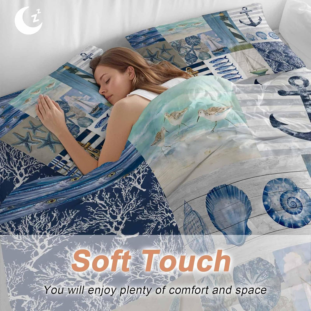 Summer Nautical Duvet Cover Set Queen Size 4 Pieces Blue Starfish Shells Anchor Boat Patchwork Bedding Set with Zipper Closure, 1 Comforter Cover 90x92 Inches 1 Flat Sheet & 2 Pillow Cases