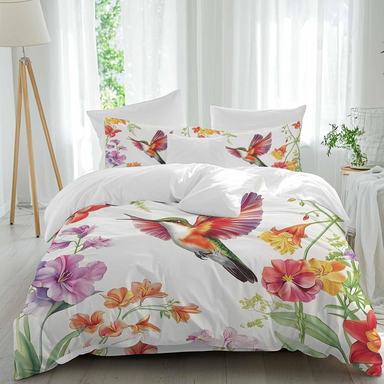 Prime Leader Retro Duvet Cover Set Queen Size 4 Pieces Hummingbird Wildflowers Pastoral Spring Scenery Bedding Set with Zipper Closure, 1 Comforter Cover 90x92 Inches 1 Flat Sheet & 2 Pillow Cases