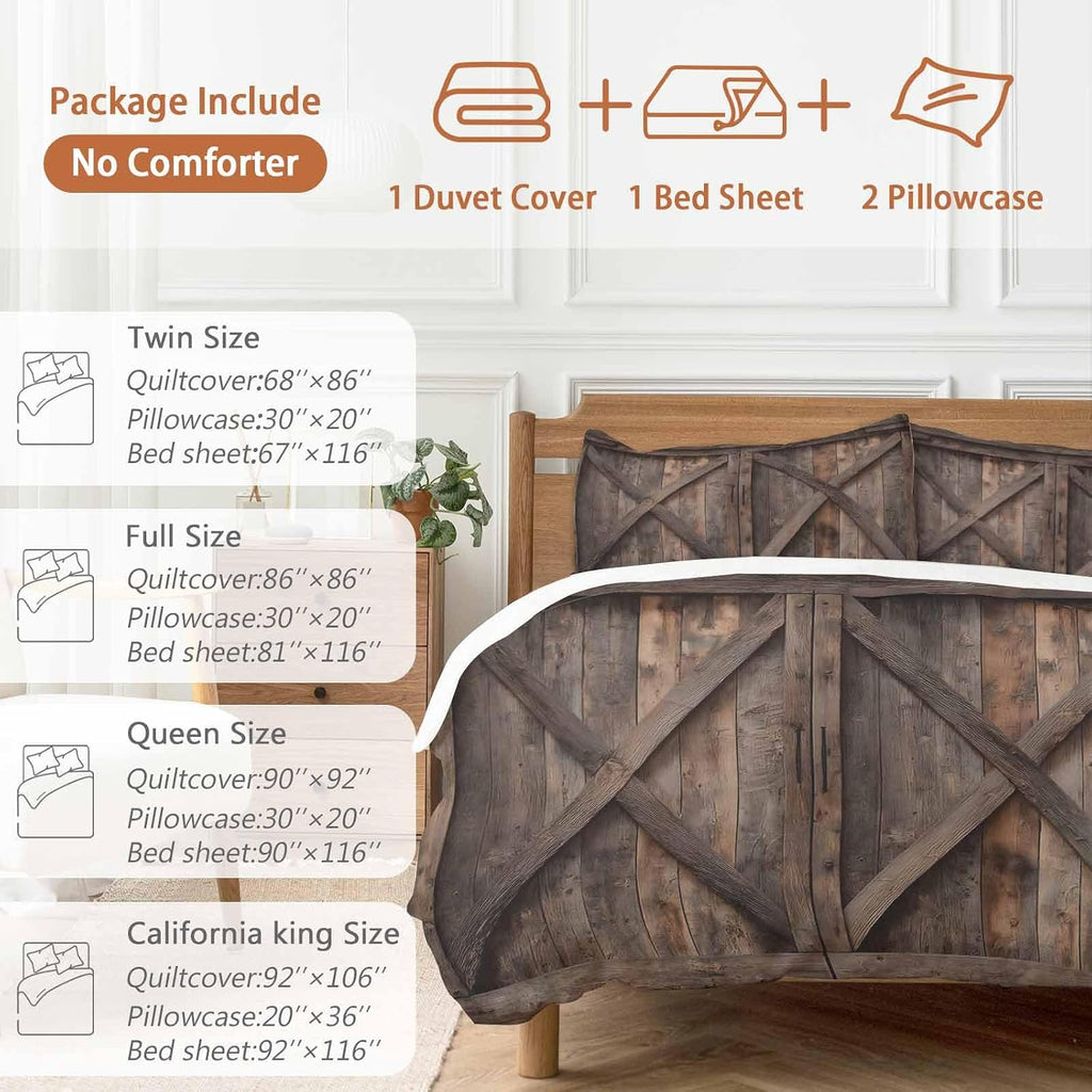 Farmhouse Duvet Cover Set Queen Size 4 Pieces Brown Country Style Barn Door Distressed Wood Grain Bedding Set with Zipper Closure, 1 Comforter Cover 90x92 Inches 1 Flat Sheet & 2 Pillow Cases