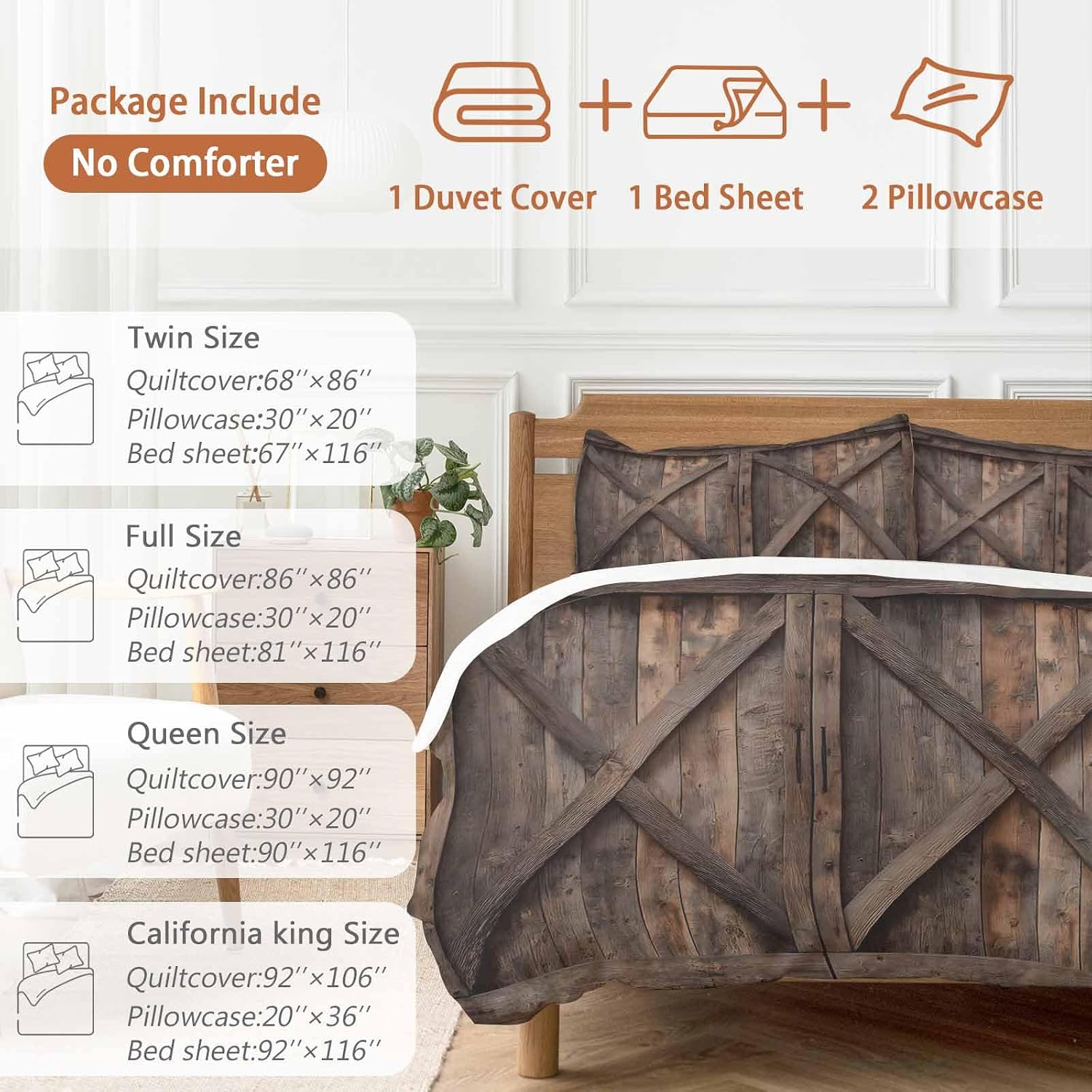 Farmhouse Duvet Cover Set Queen Size 4 Pieces Brown Country Style Barn Door Distressed Wood Grain Bedding Set with Zipper Closure, 1 Comforter Cover 90x92 Inches 1 Flat Sheet & 2 Pillow Cases