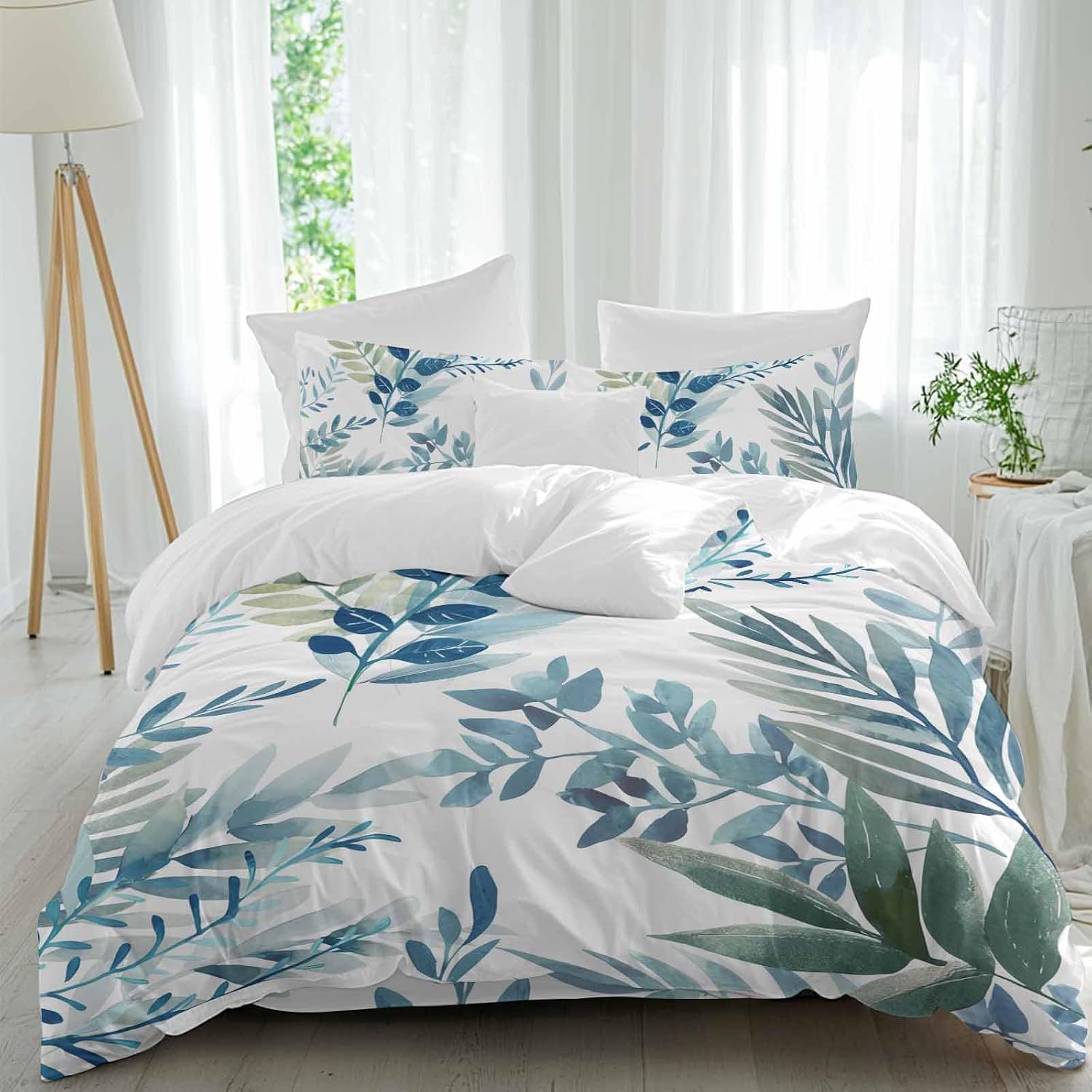 Spring Leaves Duvet Cover Set Queen Size 4 Pieces Watercolor Blue Green Leaf Plant Branch Bedding Set with Zipper Closure, 1 Comforter Cover 90x92 Inches 1 Flat Sheet & 2 Pillow Cases