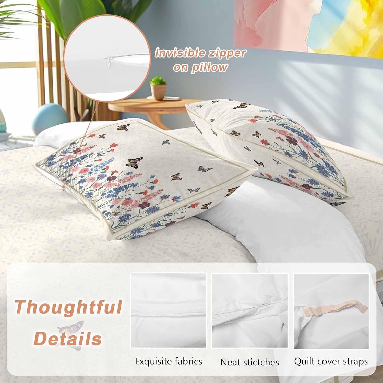 Spring Florals Duvet Cover Set Queen Size 4 Pieces Vintage Pink Blue Flower Butterflies Plants Bedding Set with Zipper Closure, 1 Comforter Cover 92x106 Inches 1 Flat Sheet & 2 Pillow Cases