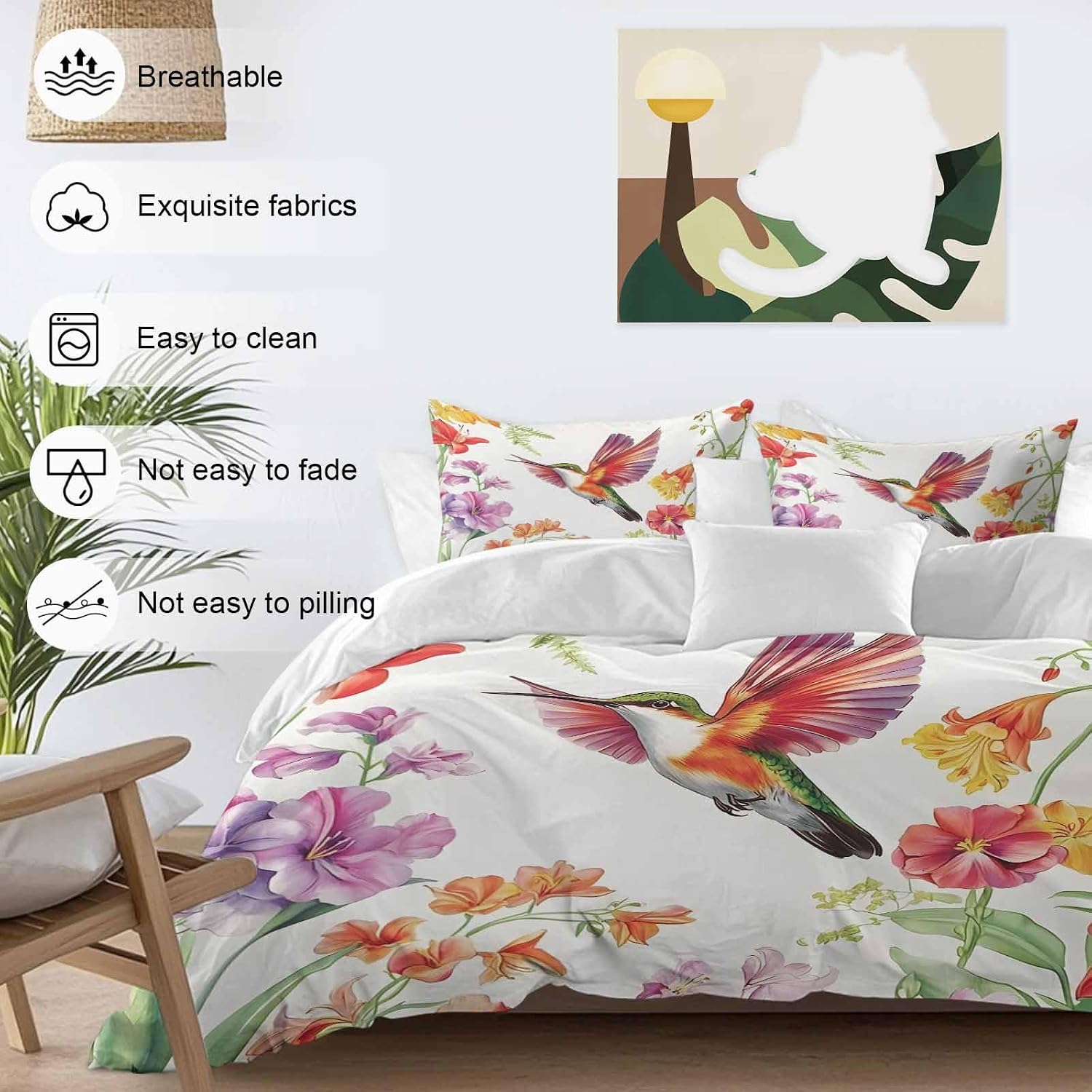 Prime Leader Retro Duvet Cover Set Queen Size 4 Pieces Hummingbird Wildflowers Pastoral Spring Scenery Bedding Set with Zipper Closure, 1 Comforter Cover 90x92 Inches 1 Flat Sheet & 2 Pillow Cases