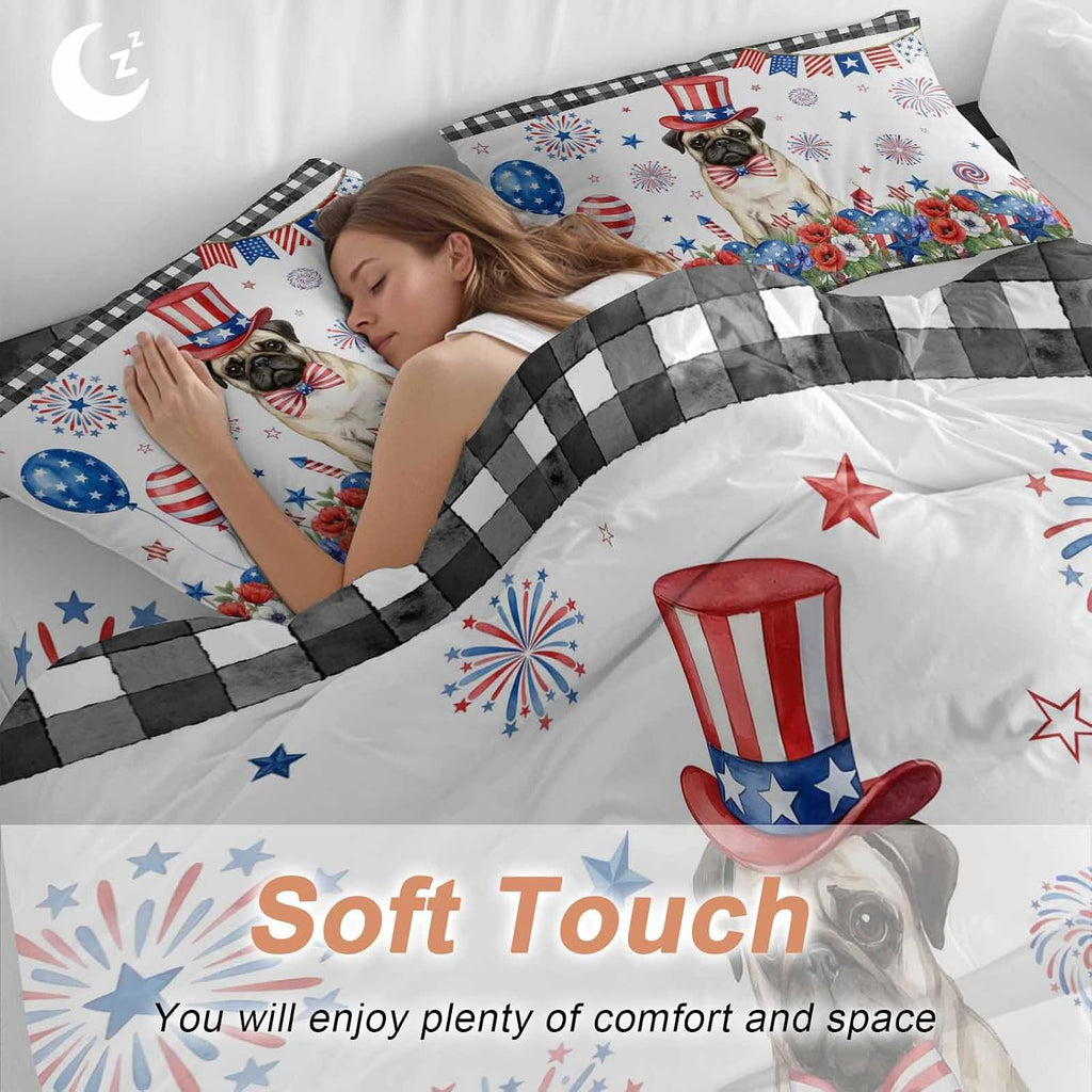 Independence Day Duvet Cover Set Queen Size 4 Pieces Cartoon Pug Dog Cute Puppy Red Blue Flower Bedding Set with Zipper Closure, 1 Comforter Cover 90x92 Inches 1 Flat Sheet & 2 Pillow Cases