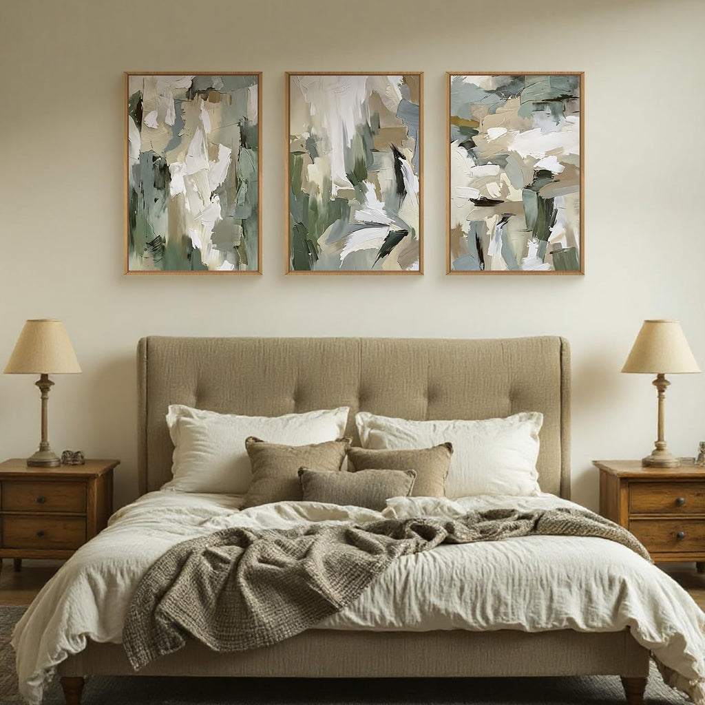 Large Abstract Green Beige Framed Canvas Wall Art Set,Neutral Brush Stroke Watercolor Wall Painting,Modern Minimalist Artwork for Living Room,Bedroom,Dining Room,Office -24'x36'x3