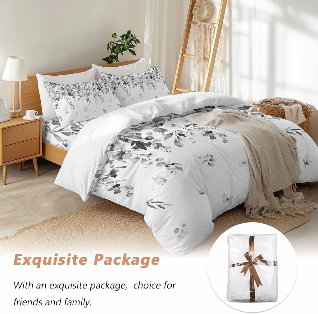 Summer Botanical Duvet Cover Set Queen Size 4 Pieces Gray Eucalyptus Leaves Rustic Farmhouse Pastoral Bedding Set with Zipper Closure, 1 Comforter Cover 90x92 Inches 1 Flat Sheet & 2 Pillow Cases