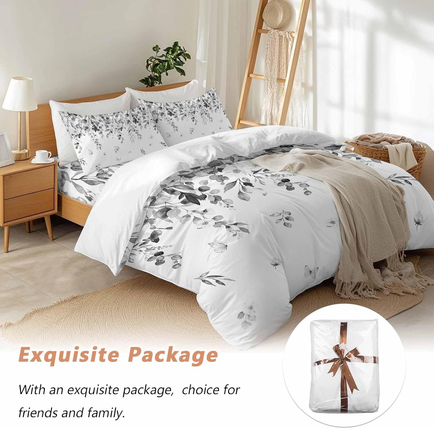 Summer Botanical Duvet Cover Set Queen Size 4 Pieces Gray Eucalyptus Leaves Rustic Farmhouse Pastoral Bedding Set with Zipper Closure, 1 Comforter Cover 90x92 Inches 1 Flat Sheet & 2 Pillow Cases