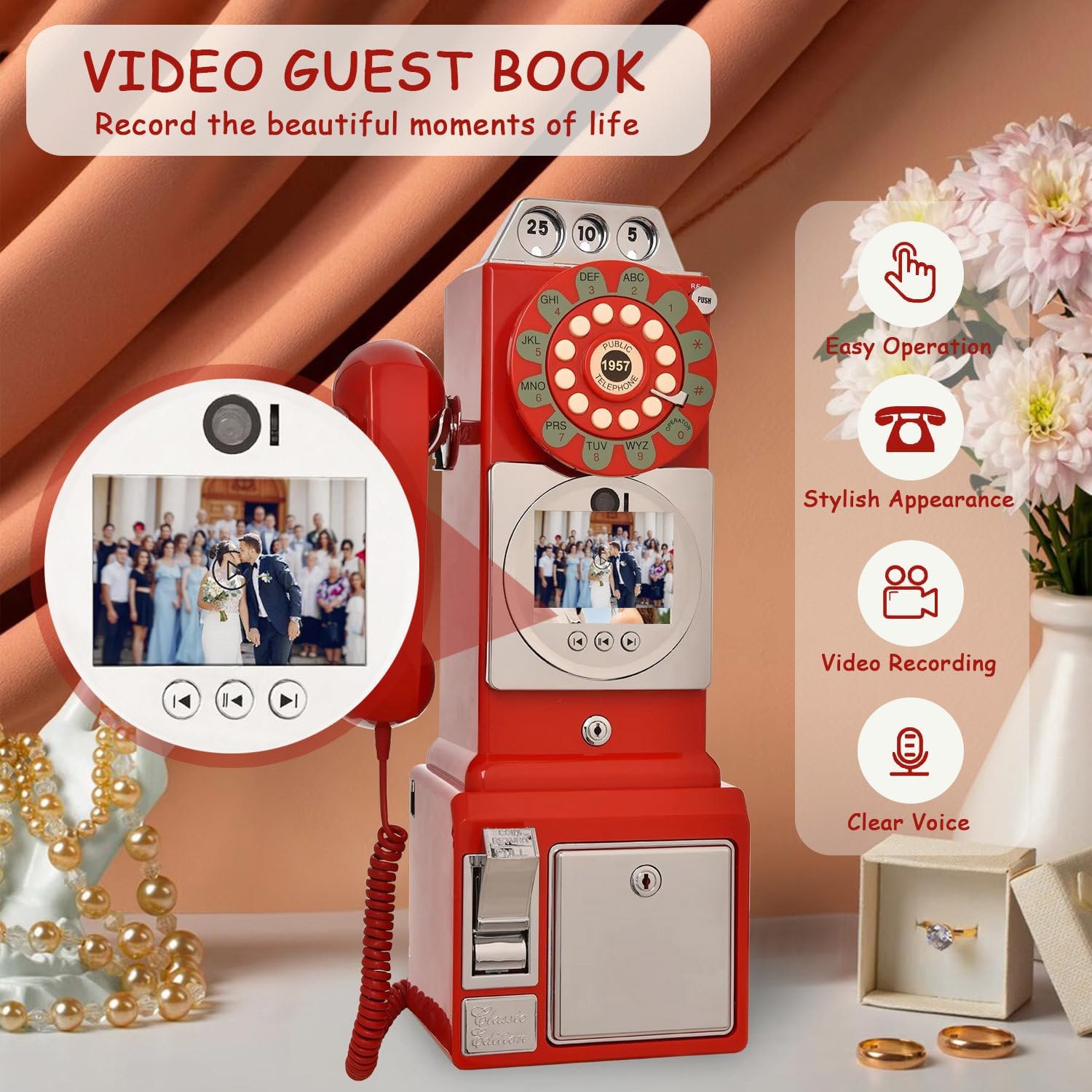 Video Audio Guest Book Wedding Phone, Retro Phone Booth Message Recording, Customized Video Messages, Five Levels Brightness, Wedding Party Audio Video Guest Book Phone,Black-32GB