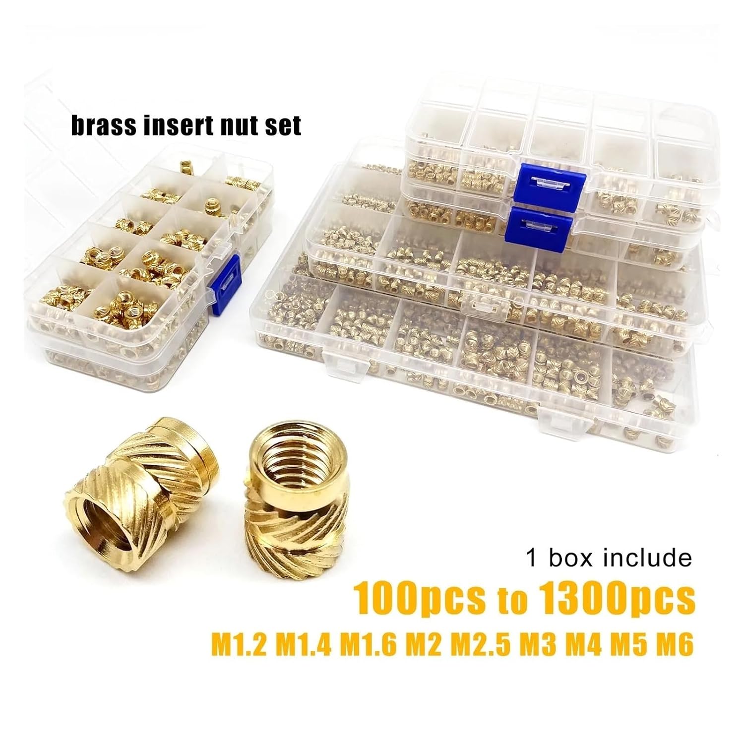 M1.4 M1.6 M2 M2.5 M3 M4 M5M6 Brass Copper Embedment Insert Nut Kit Set for Hot Heat Melt Injection 3D Print Twill Knurled Thread(M2M2.5M3M4 1300pcs)