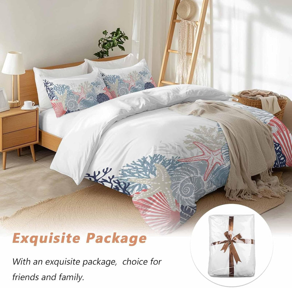 Summer Marine Life Duvet Cover Set Queen Size 4 Pieces Ocean Coral Coastal Starfish Blue Conch Bedding Set with Zipper Closure, 1 Comforter Cover 86x86 Inches 1 Flat Sheet & 2 Pillow Cases