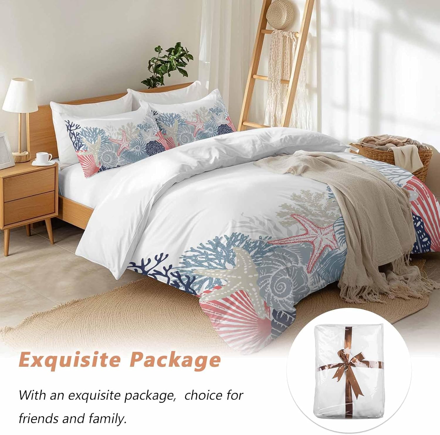 Summer Marine Life Duvet Cover Set Queen Size 4 Pieces Ocean Coral Coastal Starfish Blue Conch Bedding Set with Zipper Closure, 1 Comforter Cover 86x86 Inches 1 Flat Sheet & 2 Pillow Cases