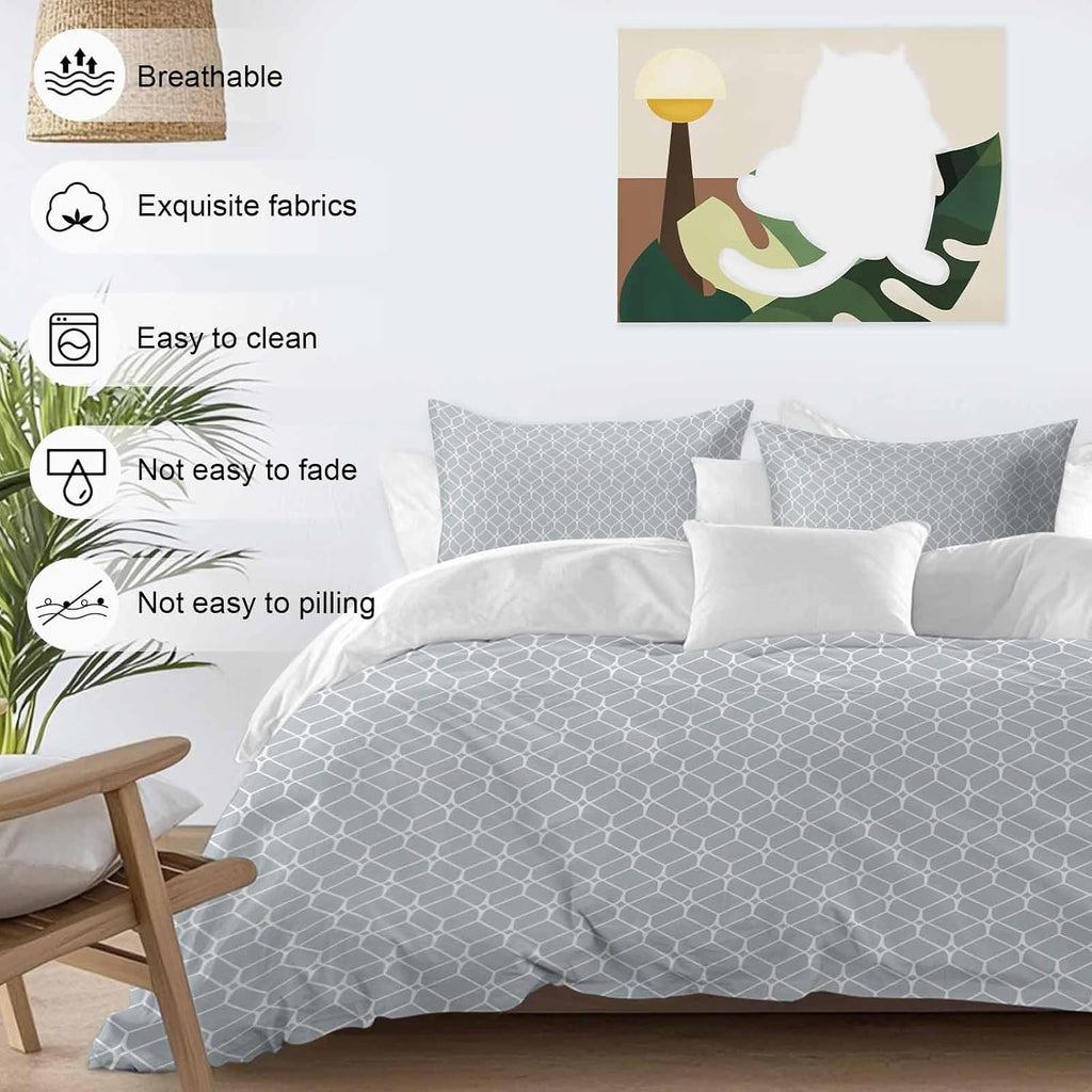 Prime Leader Modern Geometric Duvet Cover Set Queen Size 4 Pieces Grey Color Blocks Abstract Cube Simple Bedding Set with Zipper Closure, 1 Comforter Cover 90x92 Inches 1 Flat Sheet & 2 Pillow Cases