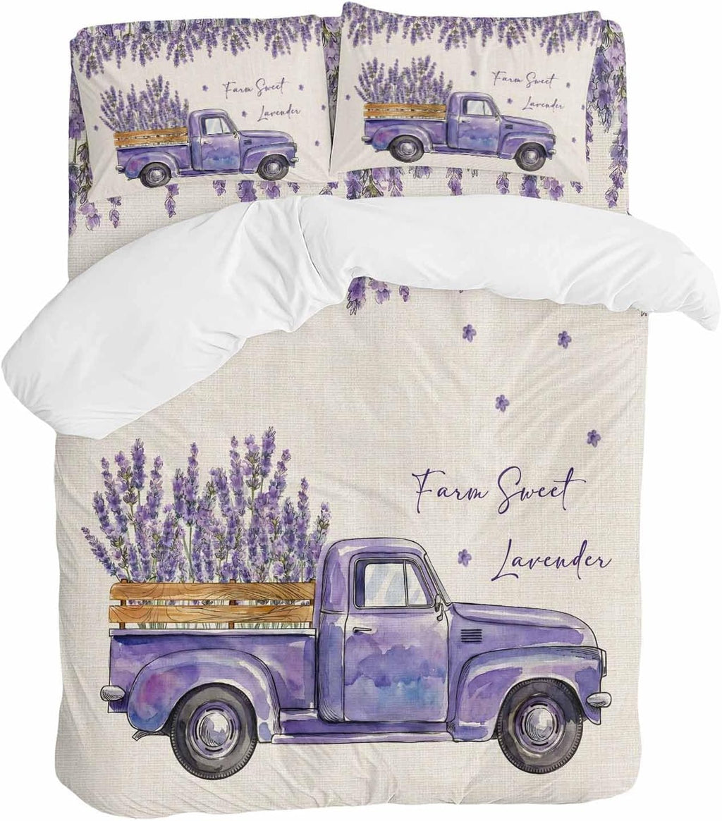 Purple Floral Duvet Cover Set Queen Size 4 Pieces Farm Sweet Lavender Truck Rustic Linen Texture Bedding Set with Zipper Closure, 1 Comforter Cover 86x86 Inches 1 Flat Sheet & 2 Pillow Cases