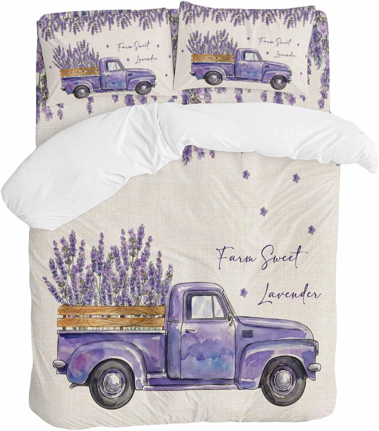 Purple Floral Duvet Cover Set Queen Size 4 Pieces Farm Sweet Lavender Truck Rustic Linen Texture Bedding Set with Zipper Closure, 1 Comforter Cover 86x86 Inches 1 Flat Sheet & 2 Pillow Cases