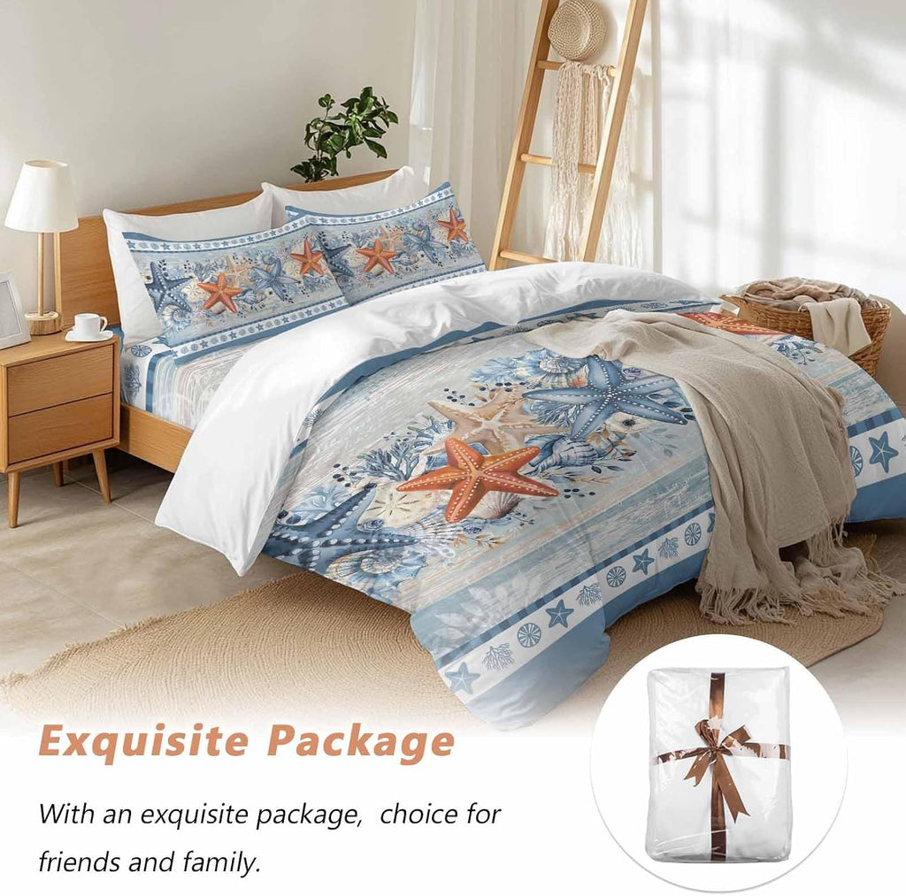 Blue Coastal Duvet Cover Set Queen Size 4 Pieces Orange Starfish Coral Beach Nautical Vintage Bedding Set with Zipper Closure, 1 Comforter Cover 86x86 Inches 1 Flat Sheet & 2 Pillow Cases