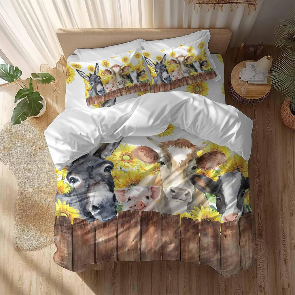 Farm Animal Duvet Cover Set Queen Size 4 Pieces Vintage Farmhouse Donkey Pig Cow Sunflower Leaf Wood Fence Bedding Set with Zipper Closure, 1 Comforter Cover 86x86 Inches 1 Flat Sheet & 2 Pillow Cases