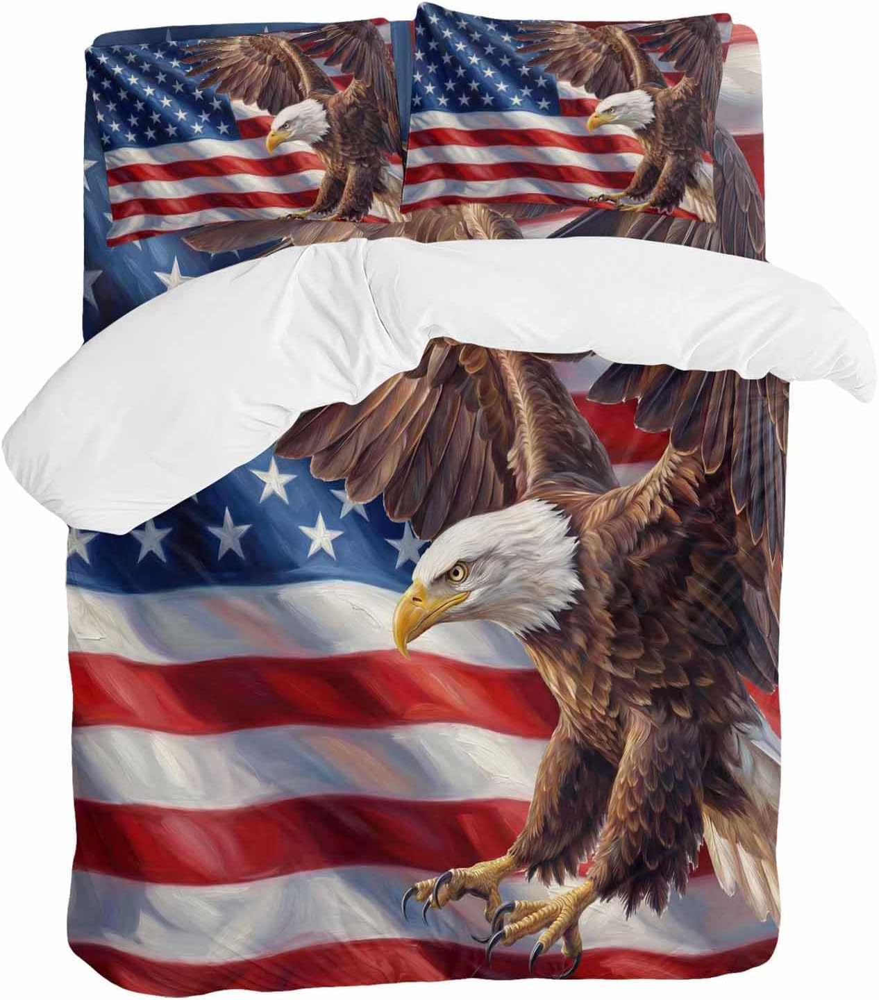 Independence Day Duvet Cover Set Queen Size 4 Pieces Watercolor U. S. Flag Soaring Bald Eagle Bedding Set with Zipper Closure, 1 Comforter Cover 90x92 Inches 1 Flat Sheet & 2 Pillow Cases