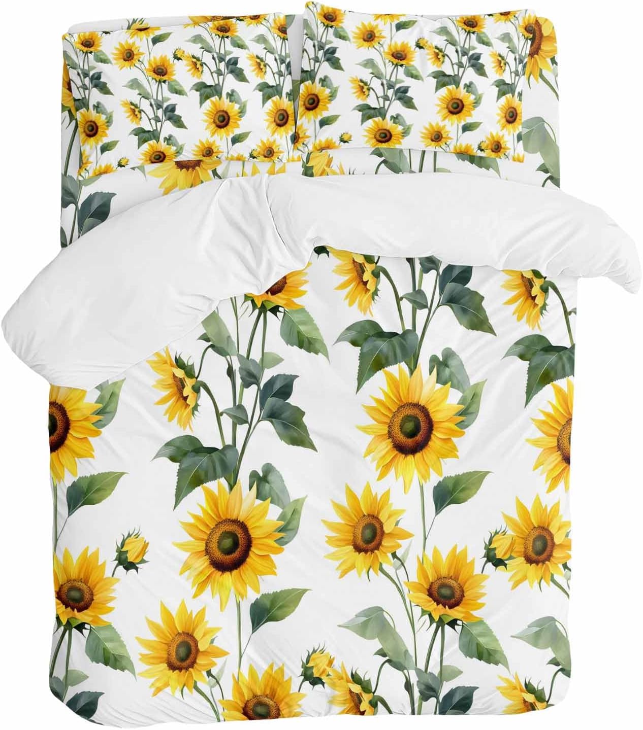 Prime Leader Summer Sunflowers Duvet Cover Set Queen Size 4 Pieces Watercolor Floral White Bedding Set with Zipper Closure, 1 Comforter Cover 90x92 Inches 1 Flat Sheet & 2 Pillow Cases