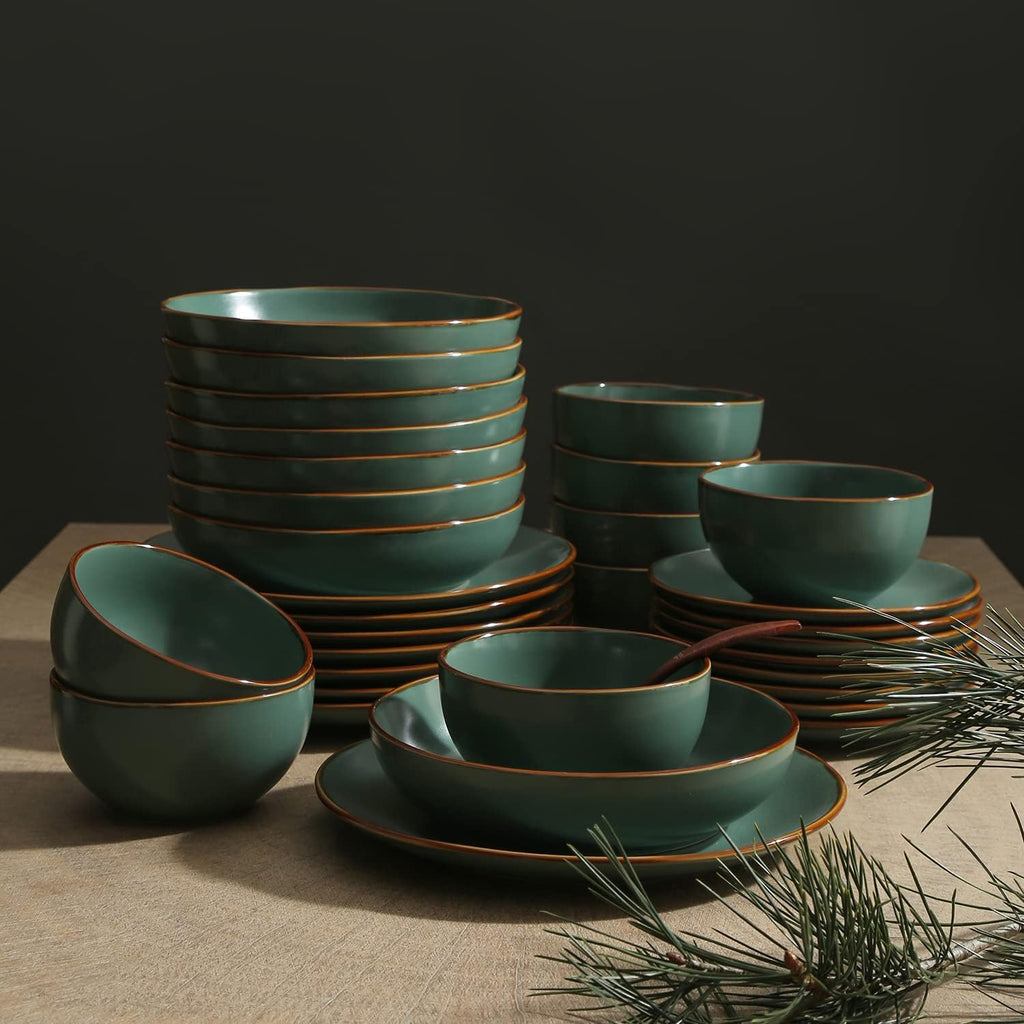 Stone Lain Brasa Stoneware 32 Piece Modern Dinnerware Sets, Plates and Bowls, Service for 8, Green, Microwave & Dishwasher Safe