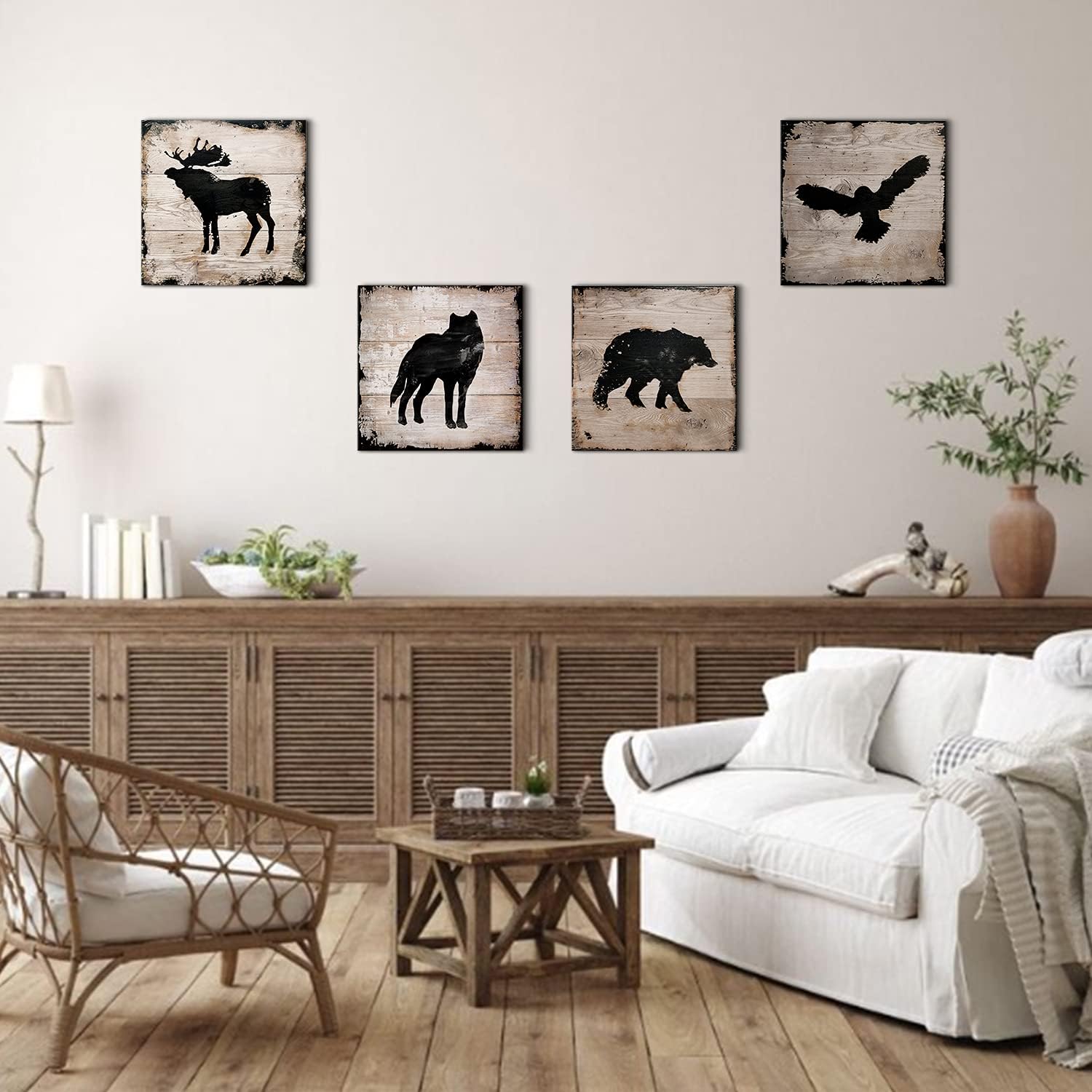 Wild Animal Silhouette Canvas Wall Art Decor Elk Wolf Bear Eagle Prints Painting 24 x 24 Inch Peeling Paint Wood Texture Background for Bathroom Living Room Decoration Kids Nursery set of 4 Panels