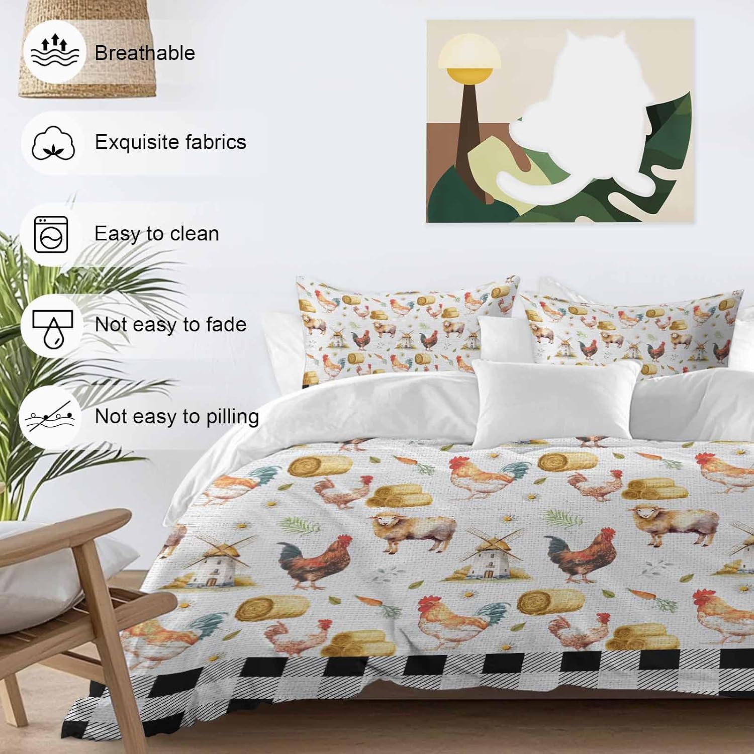 Farm Animal Duvet Cover Set Queen Size 4 Pieces Farmhouse Red Barn Sheep Pigs Rooster Country Black Plaid Bedding Set with Zipper Closure, 1 Comforter Cover 86x86 Inches 1 Flat Sheet & 2 Pillow Cases