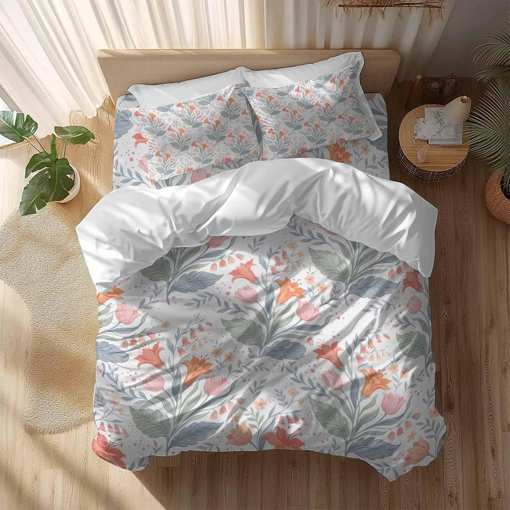 Pink Orange Flower Duvet Cover Set Queen Size 4 Pieces Watercolor Floral Green Leaf Rustic Country Bedding Set with Zipper Closure, 1 Comforter Cover 86x86 Inches 1 Flat Sheet & 2 Pillow Cases