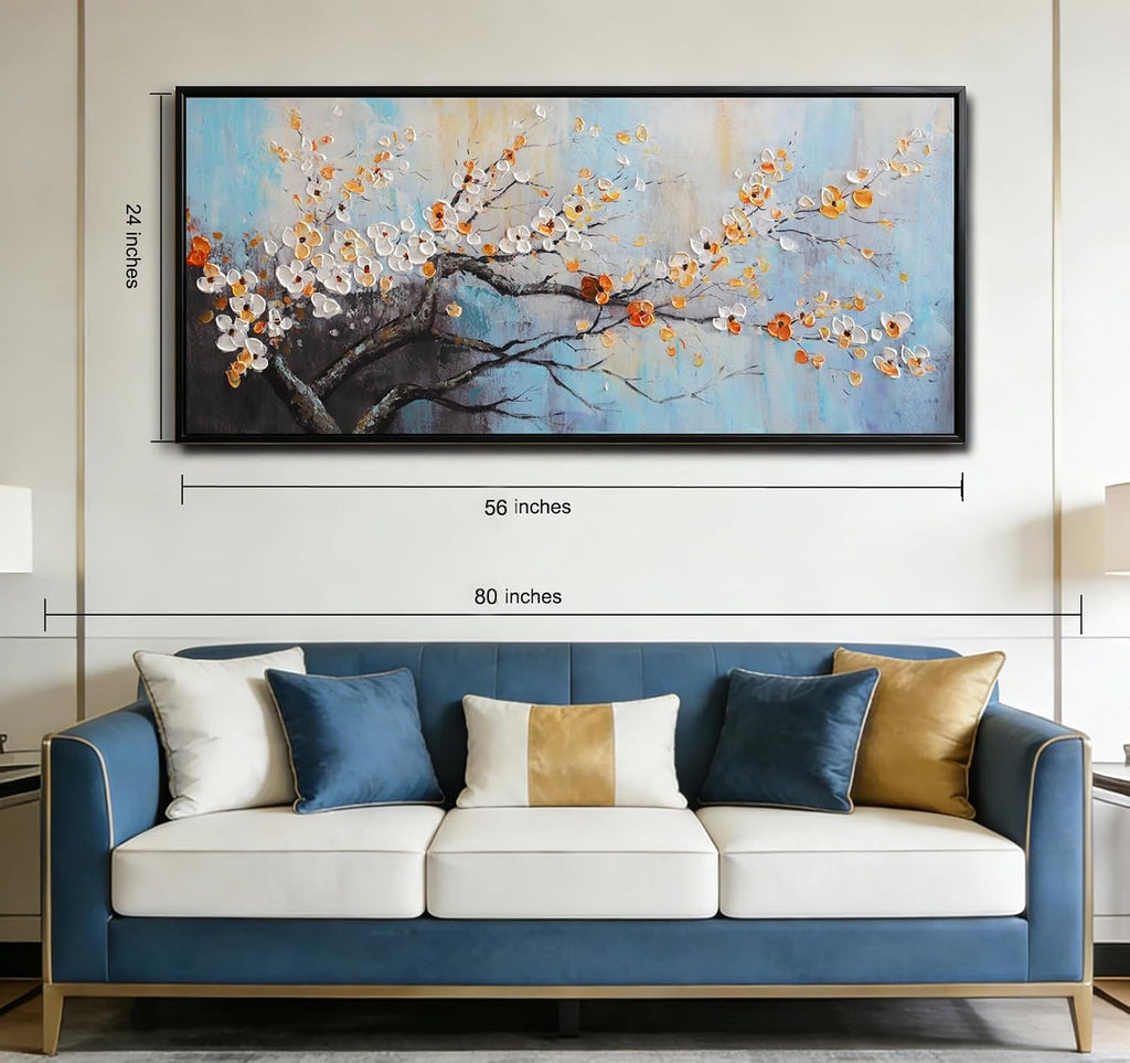 Hand-Painted Plum Blossom Wall Art for Living Room, Large 3D Texture Floral Canvas Oil Painting for Bedroom, Modern Black Framed Artwork for Above Sofa Office Kitchen Ready to Hang 24x56 Inches