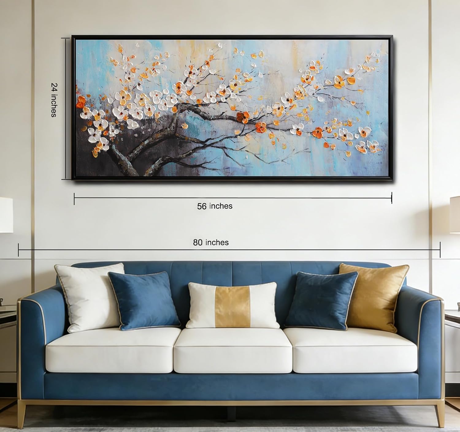 Hand-Painted Plum Blossom Wall Art for Living Room, Large 3D Texture Floral Canvas Oil Painting for Bedroom, Modern Black Framed Artwork for Above Sofa Office Kitchen Ready to Hang 24x56 Inches