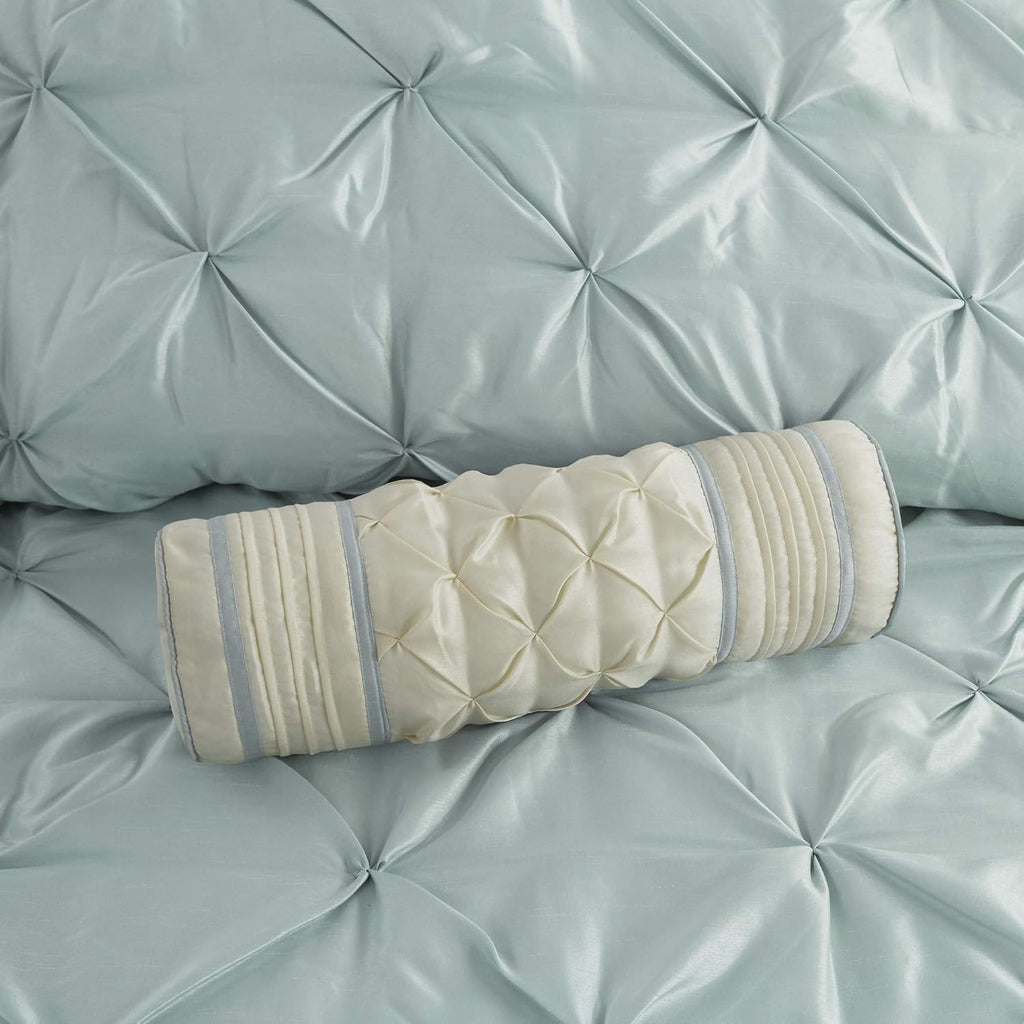 Madison Park Laurel Cal King Size Bed Comforter Set Bed In A Bag - Seafoam , Wrinkle Tufted Pleated – 7 Pieces Bedding Sets – Faux Silk Bedroom Comforters