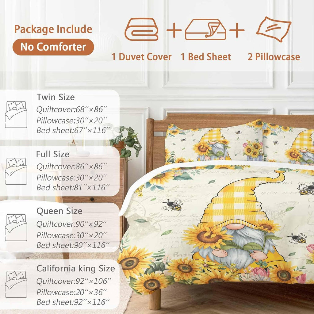 Prime Leader Sunflower Gnome Duvet Cover Set Queen Size 4 Pieces Bee Yellow Flower Leaf Spring Plant Farm Bedding Set with Zipper Closure, 1 Comforter Cover 86x86 Inches 1 Flat Sheet & 2 Pillow Cases