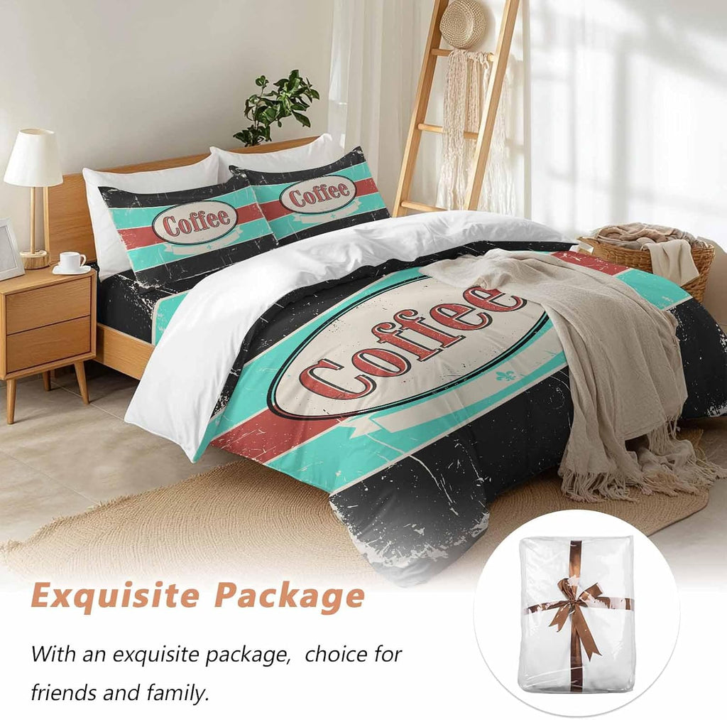 Coffee Duvet Cover Set Queen Size 4 Pieces Shabby Chic Blue Red Stripes Letter Print Casual Vintage Bedding Set with Zipper Closure, 1 Comforter Cover 90x92 Inches 1 Flat Sheet & 2 Pillow Cases