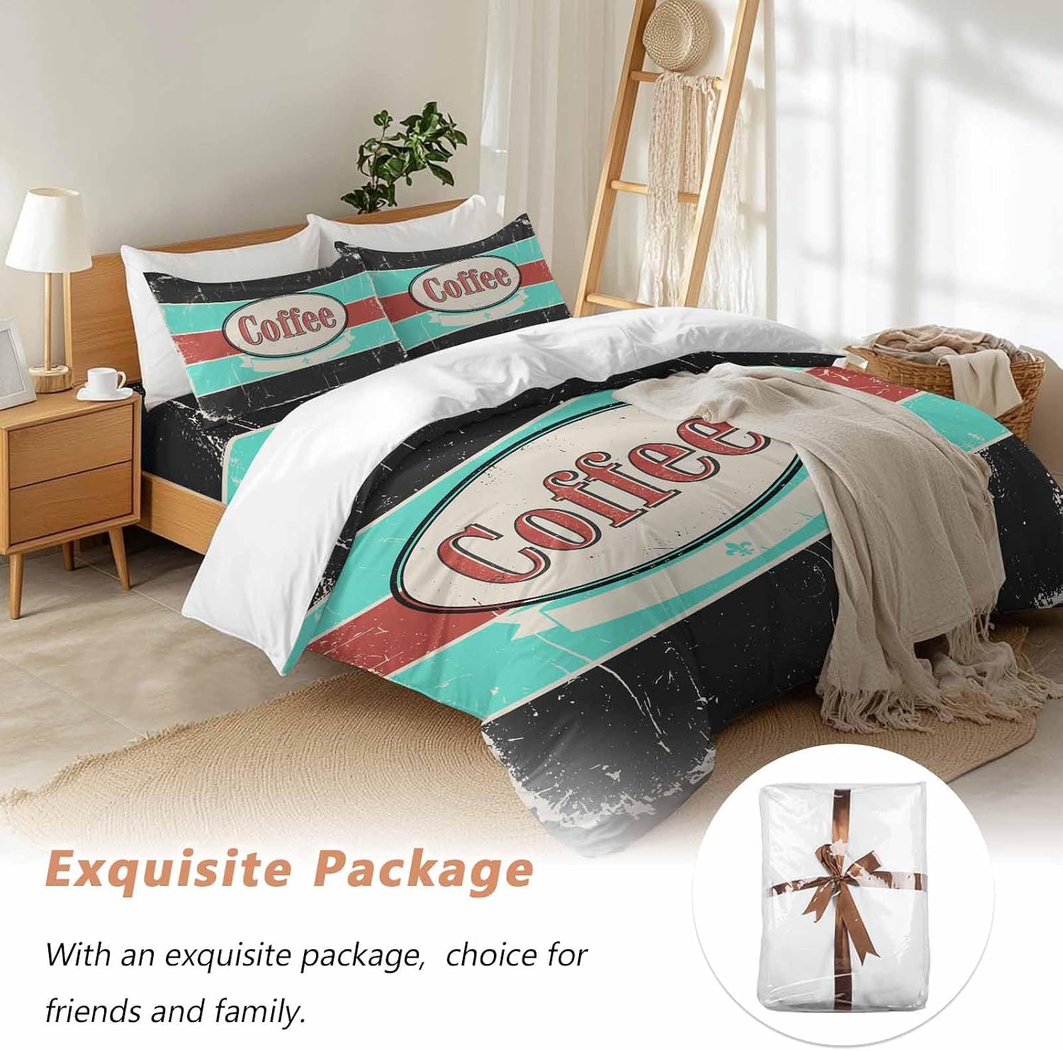 Coffee Duvet Cover Set Queen Size 4 Pieces Shabby Chic Blue Red Stripes Letter Print Casual Vintage Bedding Set with Zipper Closure, 1 Comforter Cover 90x92 Inches 1 Flat Sheet & 2 Pillow Cases