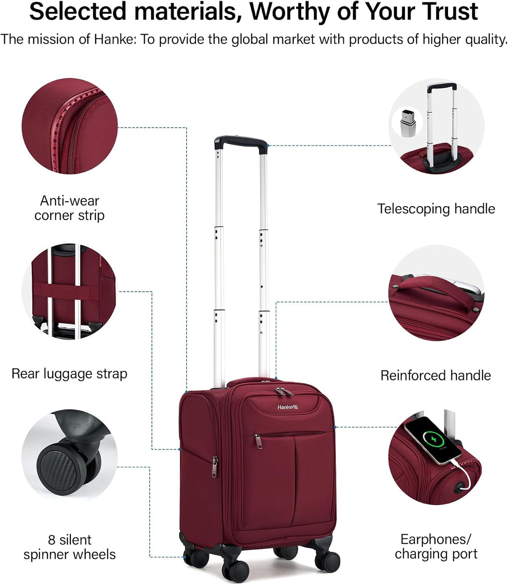 Hanke Underseat Carry On Luggage with Wheels, Lightweight Small Suitcase Airline Approved 16 Inch Softside Personal Item Travel Bag for Women Men, Compact Under Seat Luggage.(Burgundy)