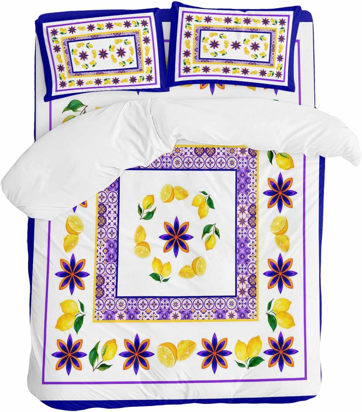 Mediterranean Style Lemon Floral Duvet Cover Set Queen Size 4 Pieces Blue Border Countryside Bedding Set with Zipper Closure, 1 Comforter Cover 92x106 Inches 1 Flat Sheet & 2 Pillow Cases