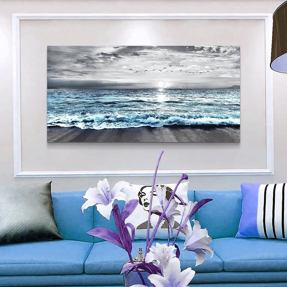 Large Size Wall Decorations For Living Room Framed Canvas Wall Art For Bedroom Office Wall Decor Black And White Wall Painting Blue Ocean Sea Wave Pictures Artwork Beach Posters Home Decor 30' X60