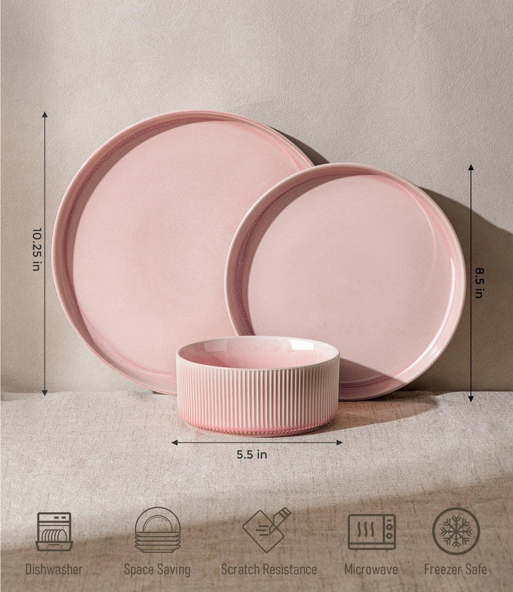 GBHOME 24-Piece Stoneware Dinnerware Set for 8 – Ribbed Ceramic Plates and Bowls, Scratch-Resistant, Microwave & Dishwasher Safe, Reactive Glaze, Blush Veil