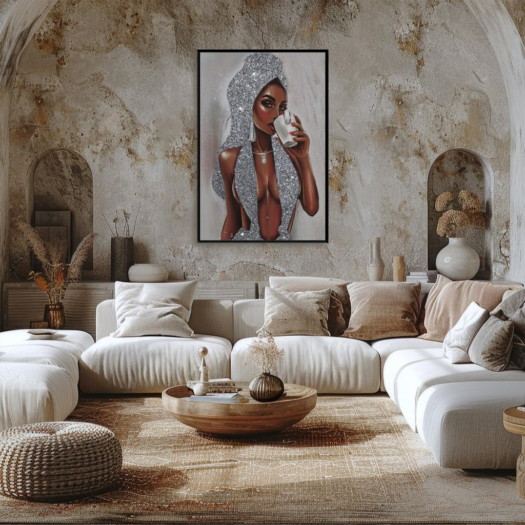 African American Black Women Wall Art Girl Popular Canvas Print Painting Black Woman Silver Glitter Textured Posters for Home Living Room Bethroom dorm Bathroom Wall Decor 24x36inch Black Framed