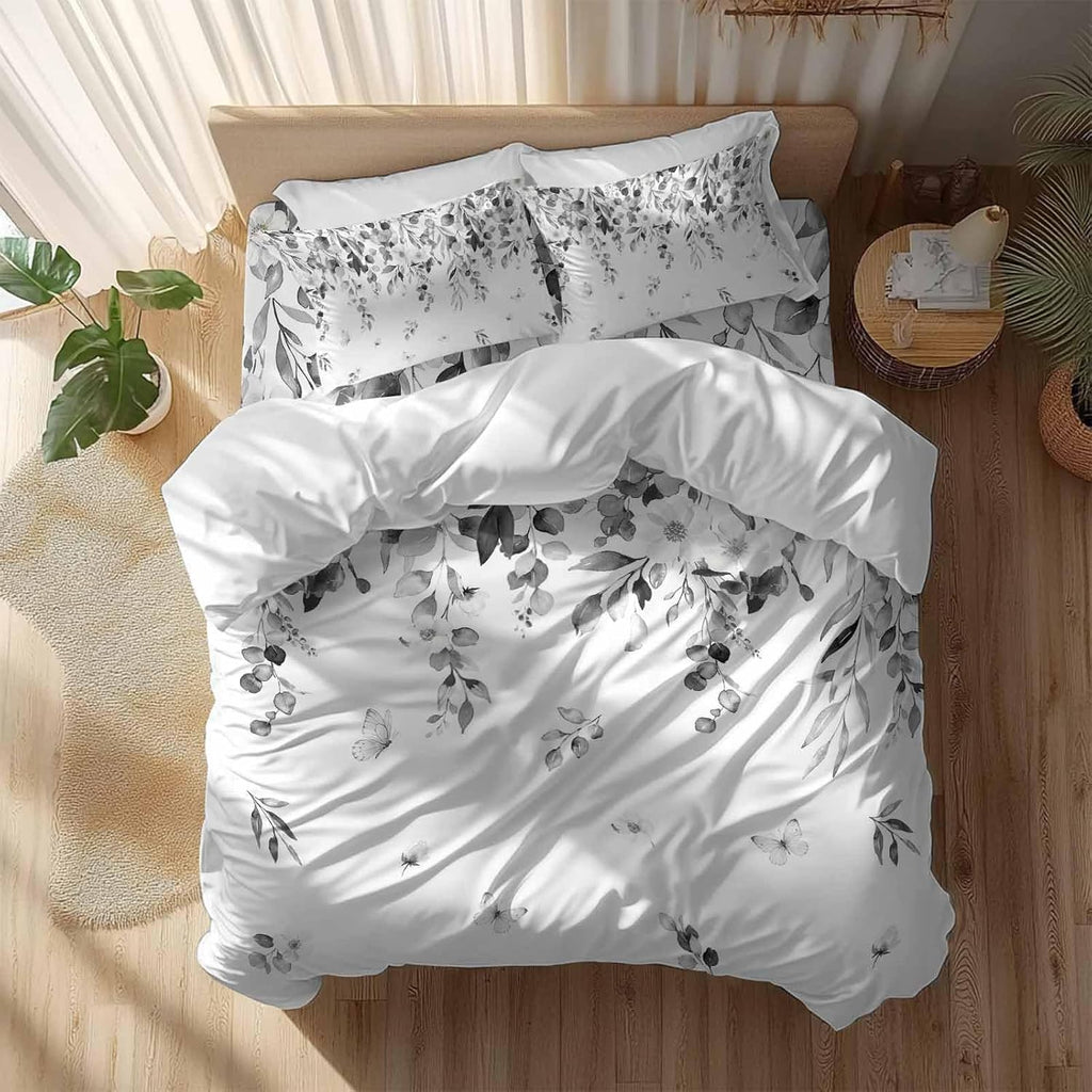 Summer Botanical Duvet Cover Set Queen Size 4 Pieces Gray Eucalyptus Leaves Rustic Farmhouse Pastoral Bedding Set with Zipper Closure, 1 Comforter Cover 90x92 Inches 1 Flat Sheet & 2 Pillow Cases