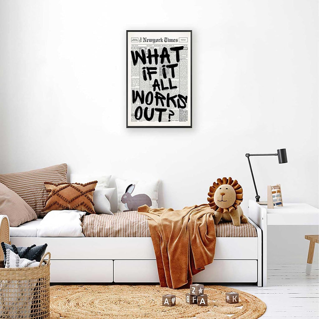 Retro Black And White Newspaper Poster What If It All Works Out Canvas Wall Art Positive Affirming Quote Minimalist Prints Painting For Home Bedroom Dorm Wall Decor 24x36in Framed